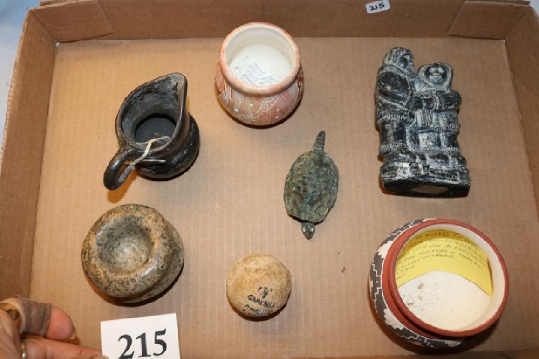 Box Lot: Stone Bowl, Hammerstone: Box Lot: Stone Bowl, Hammerstone, Pottery Jar, Turtle Fetish, Small Olla, Black Pitcher, Alaskan Soapstone Carving, Acoma Olla Contemporary