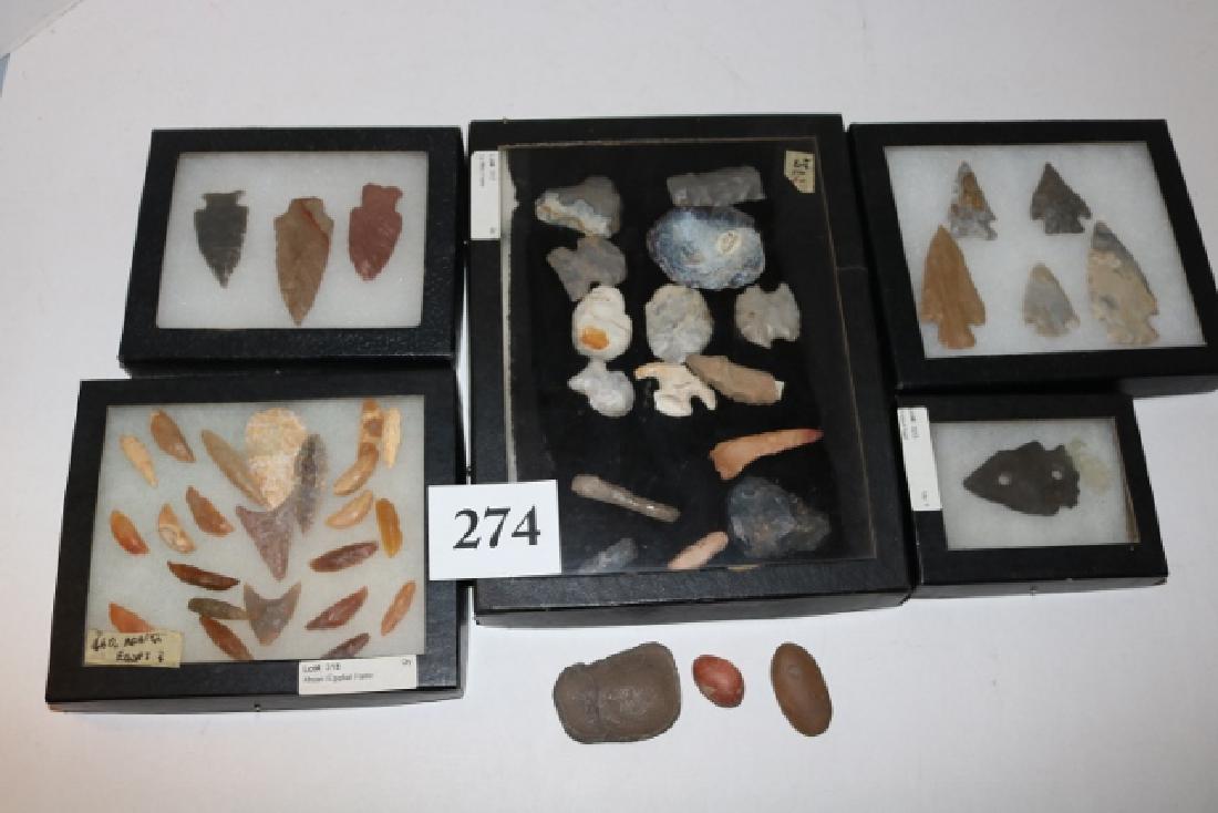 22 African Points: 5 x 6 Frame with 22 African Points, 6 x 8 Frame with 15 Flint Points, some broken, Point with 2 holes drilled in it, 3 stones, 5 x 6 Frame with 5 Nice Points, some colorful, 4 x 5 Frame with 3 Nice Po