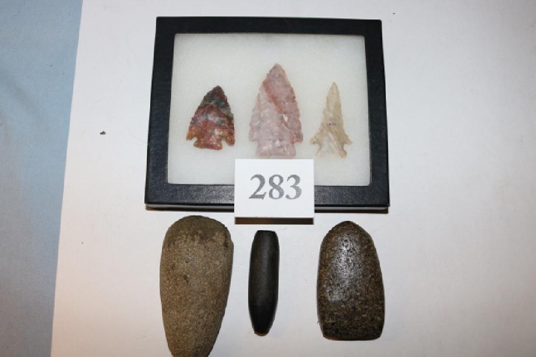 2 ½” Polished Stone Chisel, 2 Stone Celts: 2 ½” Polished Stone Chisel, 2 Stone Celts, 5 x 6 Frame with 3 Nice Flint Points, 2 are colorful, Fine