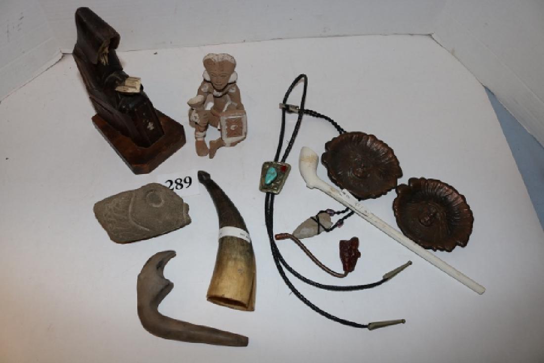 Mexican Sun Dried Seated Figure: Box Lot: Mexican Sun Dried Seated Figure, Wood Monk Bookends, Powder Horn (damaged), Clay Pipe, Bone Bracelet, Tavern Pipe, 2 Brass Ashtrays, 2 Bolo Ties, Brass Pipe, Stone Fish Pipe