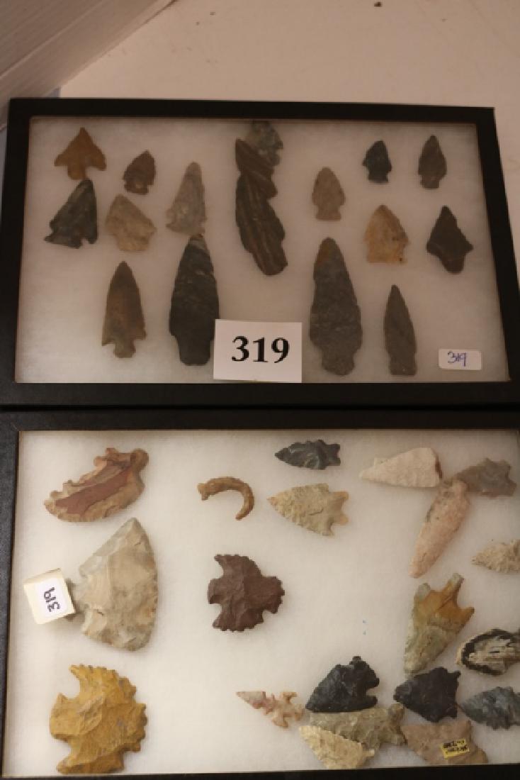 4 Flint Eccentrics, Fish Hook, Knife: 8 x 12 Frame with 4 Flint Eccentrics, Fish Hook, Knife, 14 points, 8 x 12 Frame with 17 assorted points, longest 3 ¾”