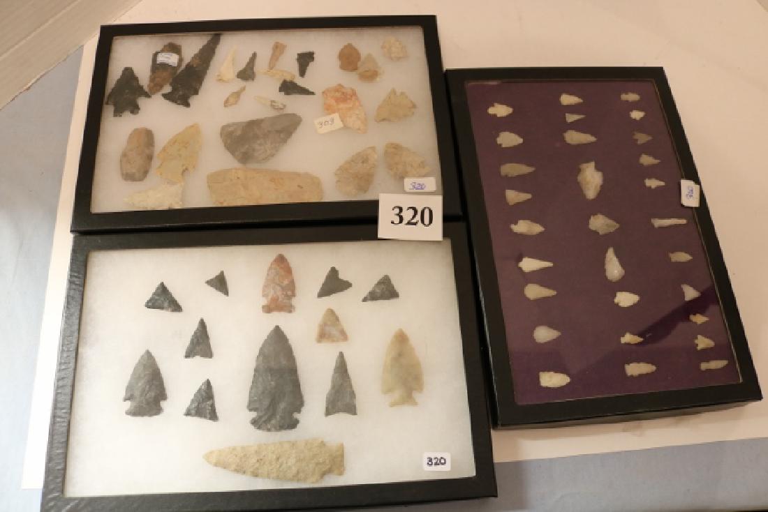 13 Flint Points: 8 x 12 Frame with 13 Flint Points, longest 4”, 8 x 12 Frame with 29 Bird Points, 8 x 12 Frame with 24 Points, Drills, Knives (Various States)