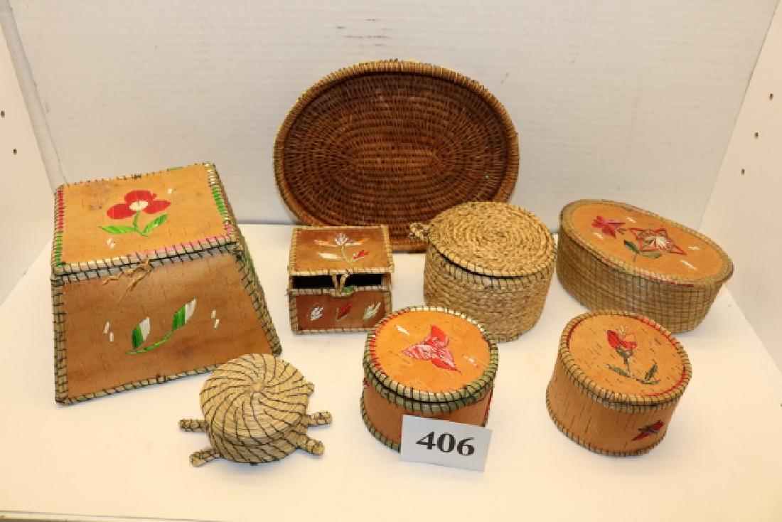 3 Pine Needle Lidded Baskets: 3 Pine Needle Lidded Baskets, 4 Lidded Birch Bark Baskets & a Tray