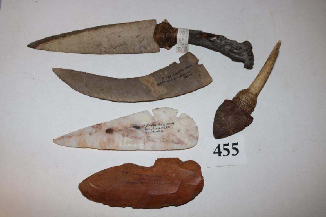 Flint Knife with antler handle: 11 ¼” hafted Flint Knife with antler handle, contemporary, 2 Tang Knives (contemporary) damaged flint knife, halfted point knife – bone handle