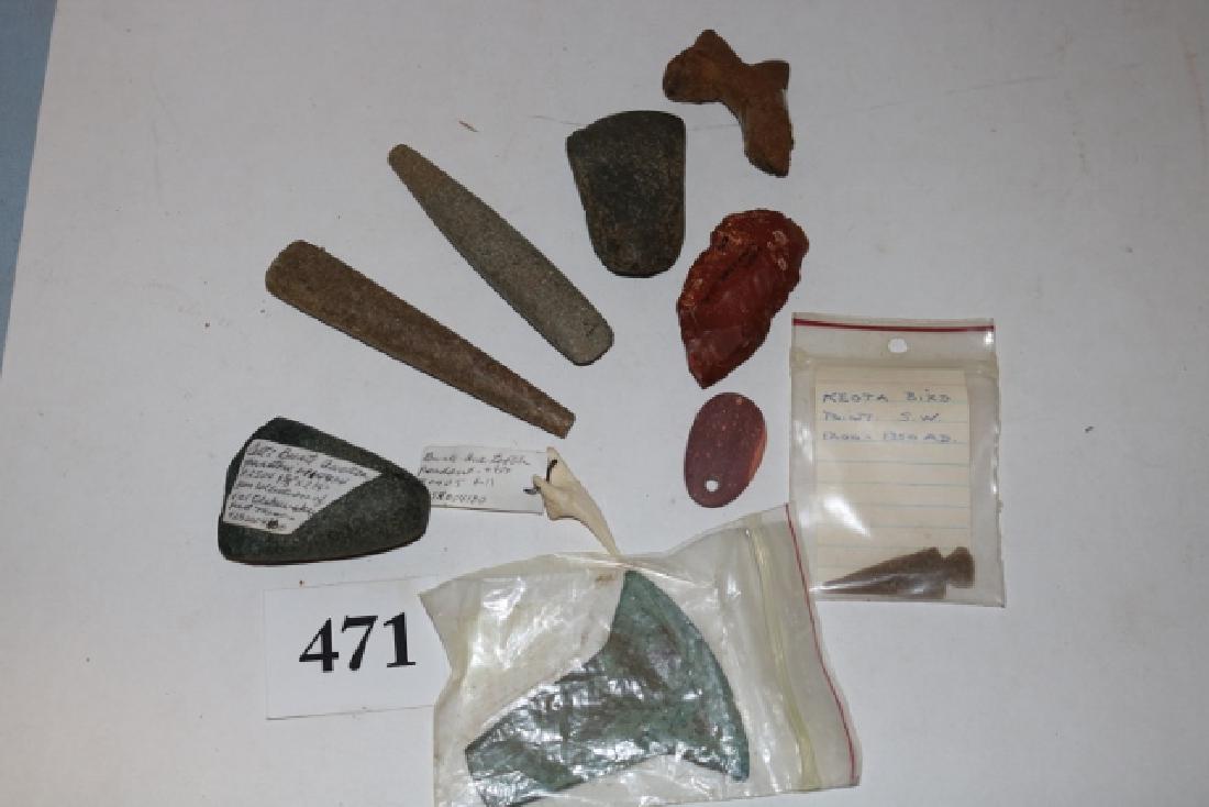 2 Stone Celts, 2 Chisels, Stone Effigy: 2 Stone Celts, 2 Chisels, Stone Effigy, Flint, Bird Point, Pendant, Claw, Copper Blade