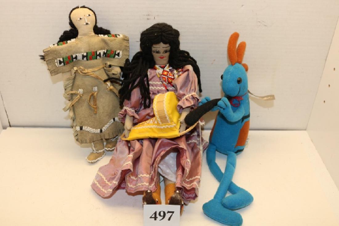 Female Doll with cradle board: 15” Female Doll with cradle board, 10” Hide Bead Decorated Plains Doll, 15” Kokapell Doll