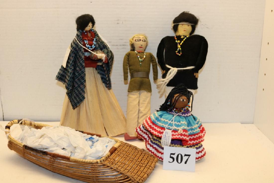 10” Male Navajo Doll: 10” Male Navajo Doll, 9” Corn Husk Doll, 4 ½” Seminole Doll, 8 ½” Navajo Male Doll and a 10 ½” Doll Cradle Board, nice lot