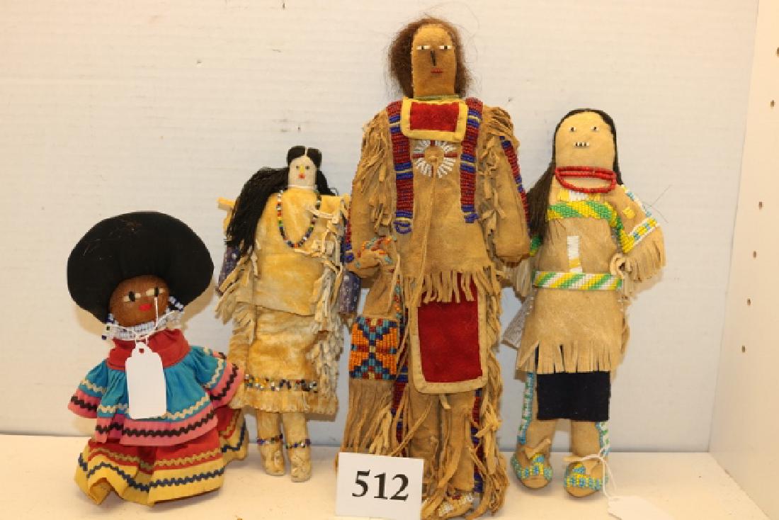 Sioux Doll, Hide: 12” Sioux Doll, Hide, Bead Decorated, Fringed, 5” Seminole Doll, 8” Apache Doll, 9” Apache Doll