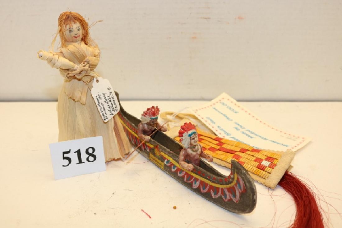 6” Corn Husk Doll: 6” Corn Husk Doll, Sioux Quilled Bulls Tail Beaded Item, 9” Canoe
