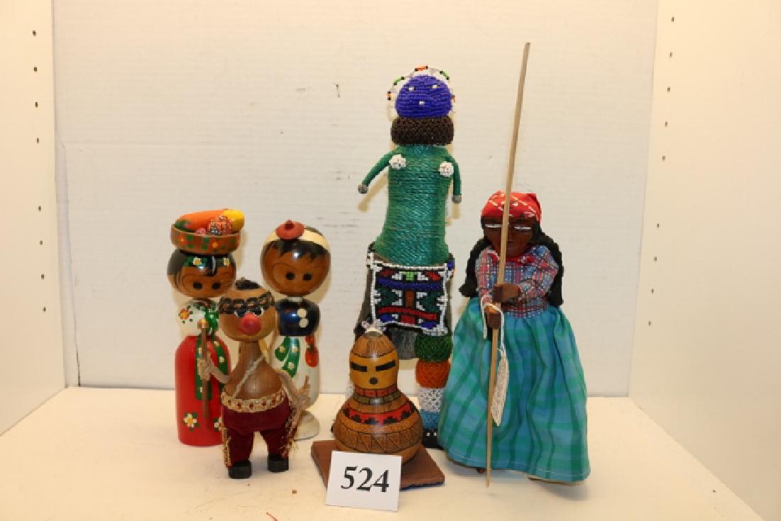 4 Novelty Dolls: 4 Novelty Dolls, 12” Beaded Doll, woman with stick doll