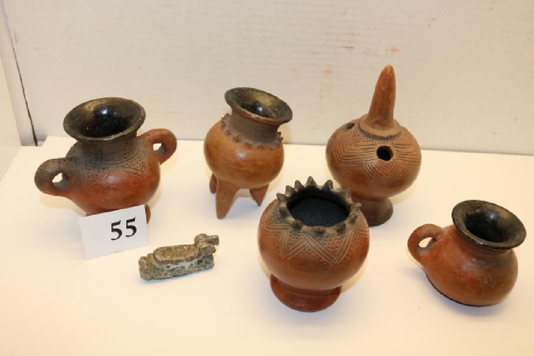 5 Central American Pottery Vessels: 5 Central American Pottery Vessels, Small Stone Fetish, Central America (chip on leg on one)