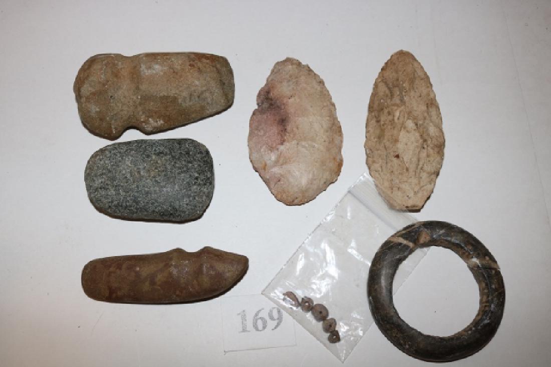 2 Flint Knives, Celt, Full Groove Axe: Box Lot: 2 Flint Knives, Celt, Full Groove Axe, Small Stone Axe ¾ groove, broken stone ring, 5 beads