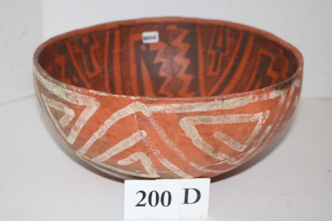 Wingate Black on Red Anazasi Bowl: Wingate Black on Red Anazasi Bowl 5” x 10” – (White Mountain Redware) broken & reglued – origin written on bottom of bowl