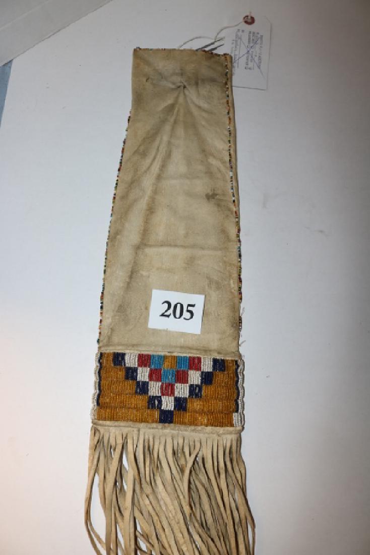 Beaded Pipe Bag: 16” x 5 ½” Beaded Pipe Bag plus fringe, Crow, tanned Elk Leather Checker Board Pattern Beadwork