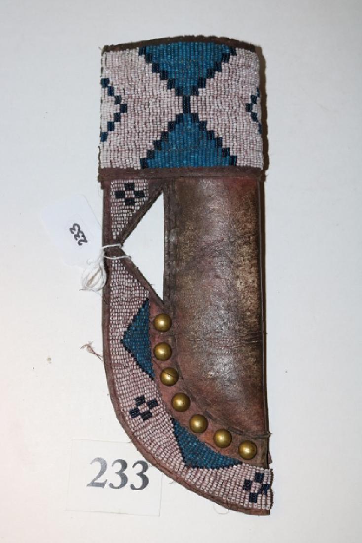 Beaded Saddle Leather Sheath: 10 ¼” x 3 ½” Beaded Saddle Leather Sheath, Brass Tacks, nicely done