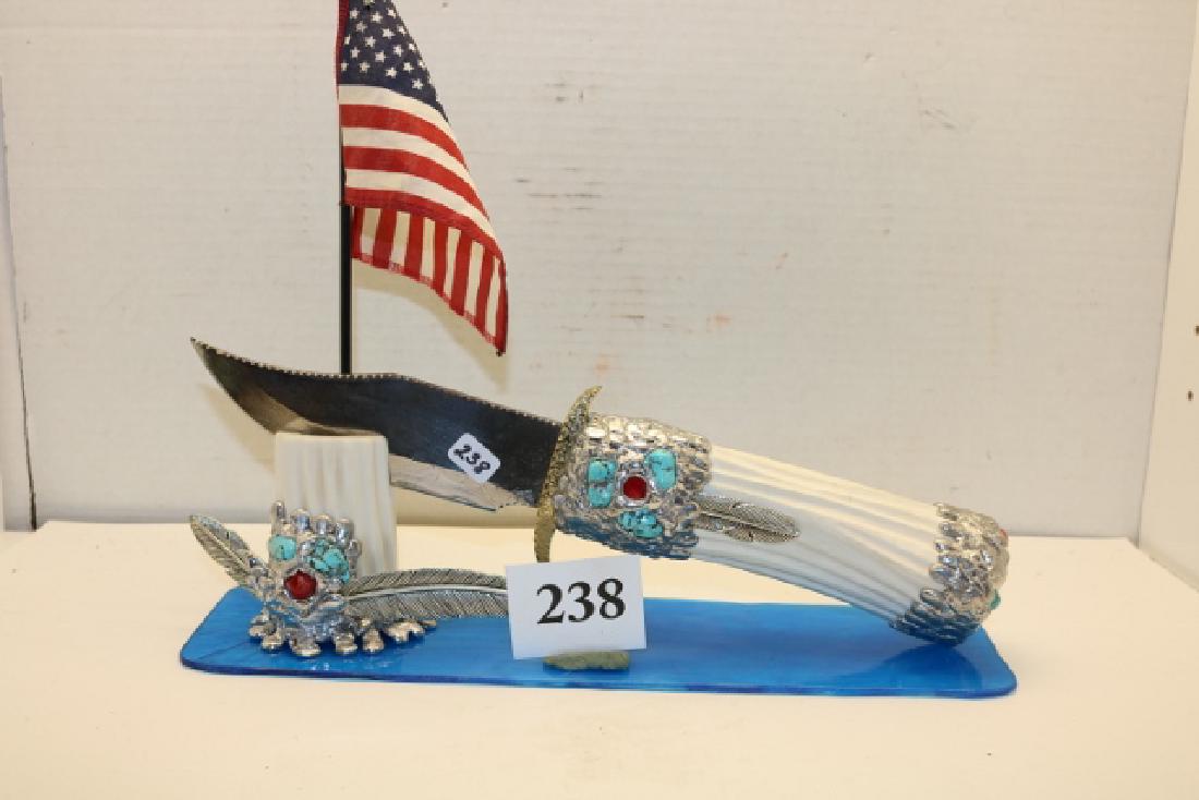 Silver – Turq. Handled Bowie Knife: 13 ¼” Silver – Turq. Handled Bowie Knife, new, 2017 David Palmer with knife rest and stain glass base