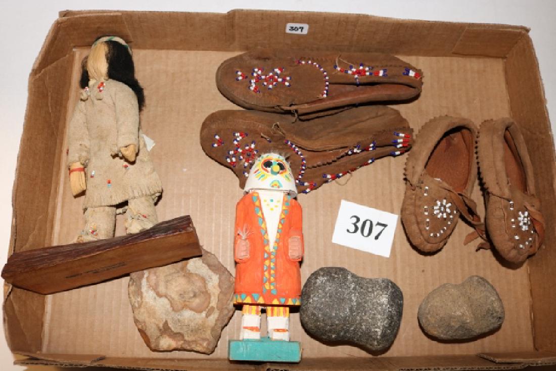 Box Lot: 2 Pair Child’s Moccasins: Box Lot: 2 Pair Child’s Moccasins, circa 1980’s, Stone Axe Head , Paint Stone Cup, Wood Katchina Doll, Hyde Covered Doll