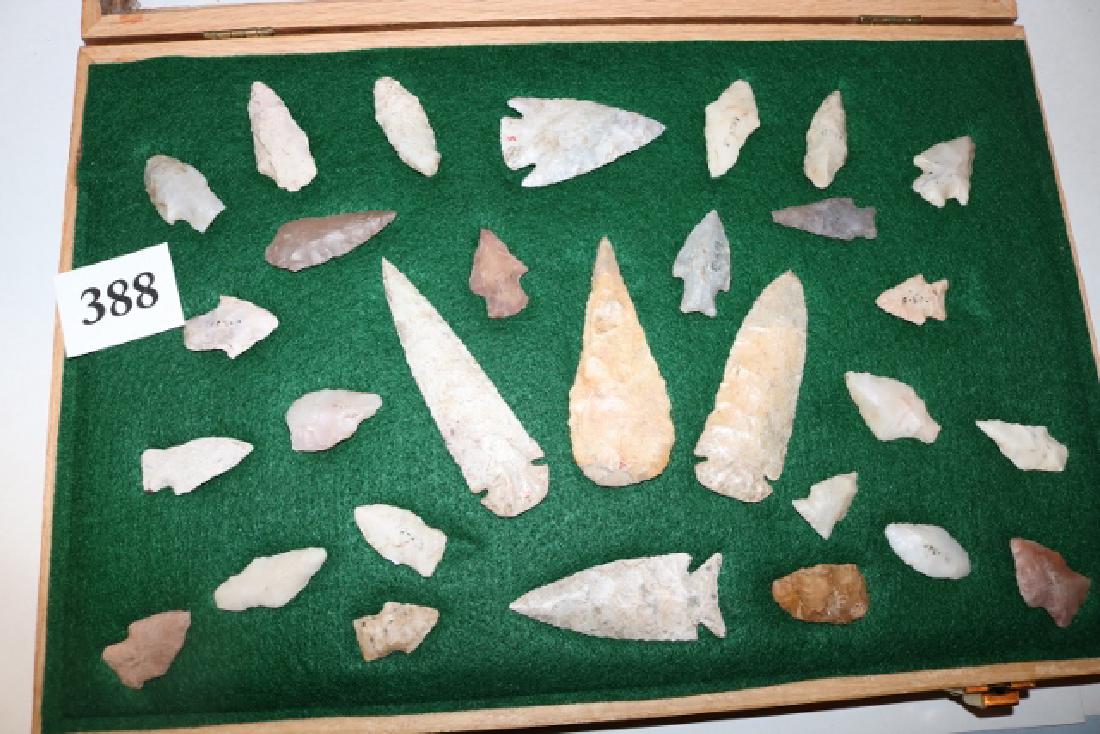 30 Flint Points: 12” x 18” Frame with 30 Flint Points (Various Types) including 2 Dovetails