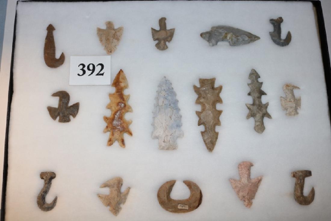 Frame containing 4 Flint Fish Hooks: 12 x 16 Frame containing 4 Flint Fish Hooks, 6 eagle Eccentrics, 6 Eccentrics