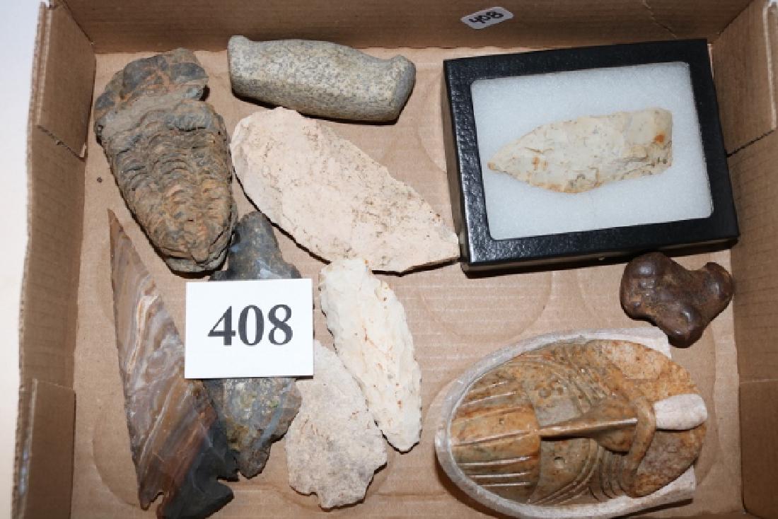 Box Lot, Fossil Trilobite, 6 Assorted Flints: Box Lot, Fossil Trilobite, 6 Assorted Flints, Fossil, Stone Bar (age uncertain), 4 ½” Onyx Head