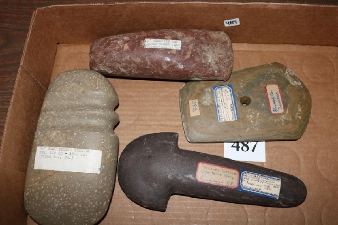4 Assorted Artifacts: 4 Assorted Artifacts (all age uncertain) Flared Celt, Double Groove Axe, Slate Pendant, Stone Spud