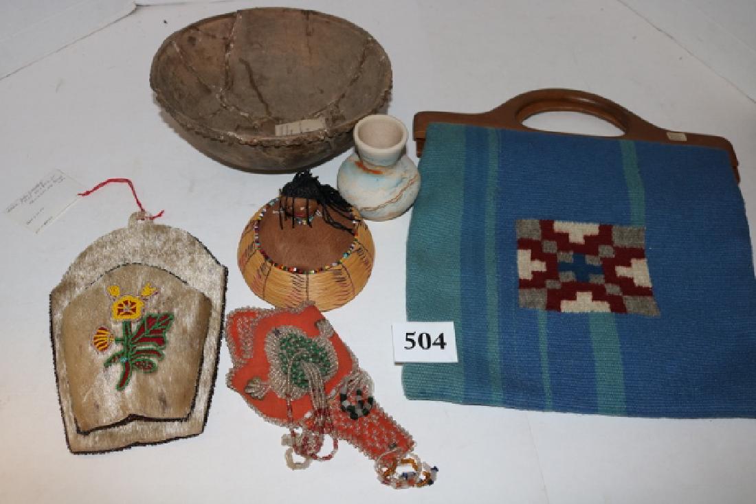 13 Assorted Baskets: 13 Assorted Baskets, 2 pcs. Pottery, Ceremonial Fire Stick, broken & glued Pot, Mississippian Pot Bowl, Small vase Navajo Purse?, Hide, Beaded Wall Pocket, Beaded Wall Pocket, circa 1880, Mohawk Semin