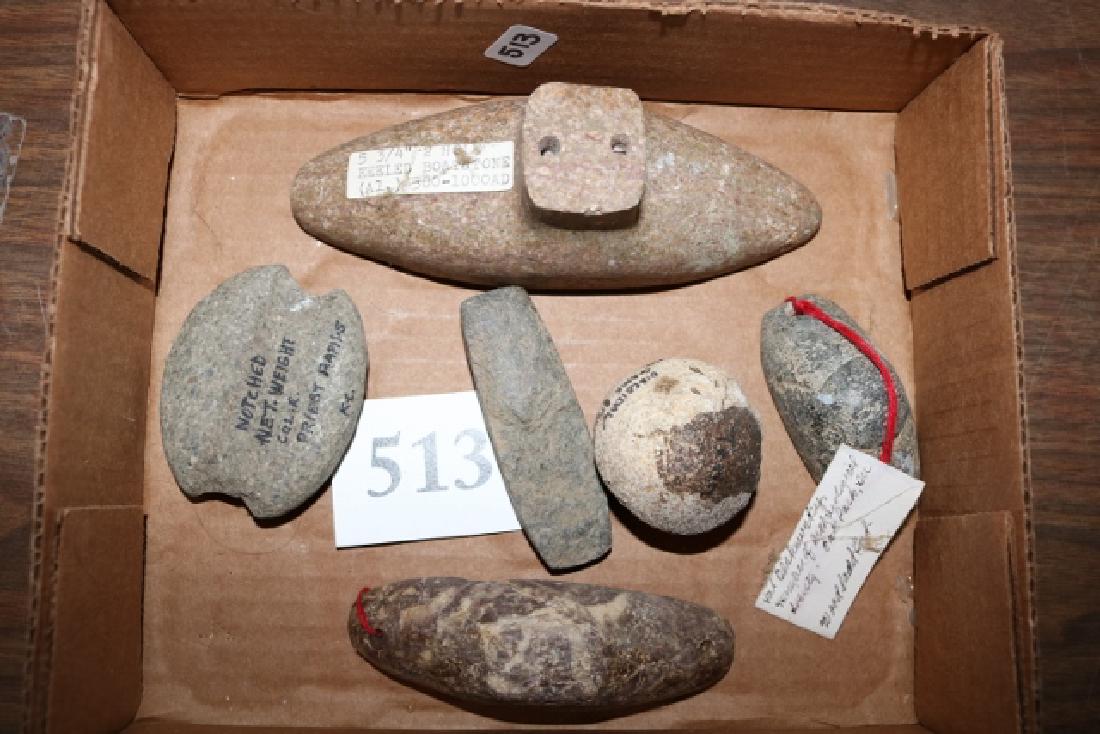 3 Boatstones,Coned Shaped Stone: 3 Boatstones (all age uncertain), Coned Shaped Stone, Notched Net Weight, Stone Chisel