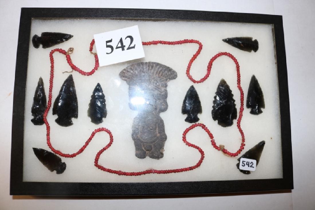 Frame with Coral Trade Beads, 10 Obsidian Points: Frame with Coral Trade Beads, 10 Obsidian Points, Clay Mexican Aztec Figure
