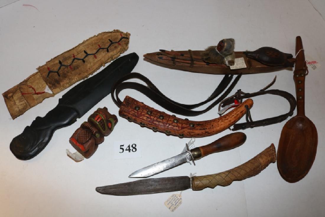 Box Lot: Wood Spoon, Dagger: Box Lot: Wood Spoon, Dagger, Antler Handle Knife, Bone Quirt, Wood Kayak, Stone dagger with sheath, wood totem