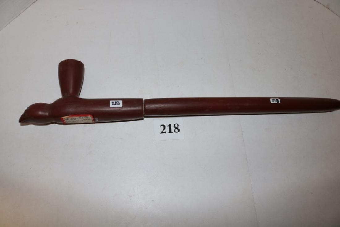 Catlinite Pipe & Stem: Catlinite Pipe & Stem – Webb Coll. 1890- Effigy – Pewter Inlaid Eye & Pewter inlay on stem in shape of a snake 22 ½” long