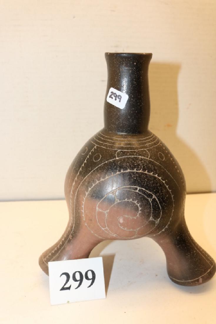 Mississippian Tripod Bottle: Mississippian Tripod Bottle, engraved snail effigy - 8 ½” – solid