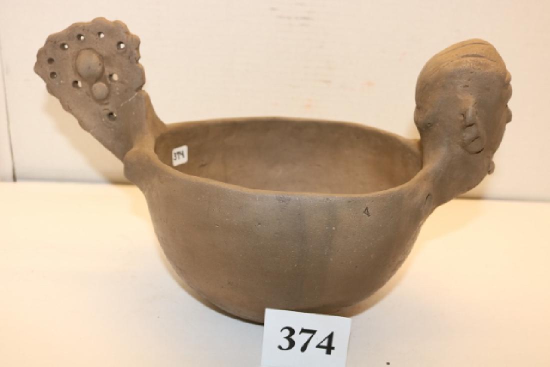 Mace and Human Rattle Bowl: Mace and Human Rattle Bowl decorated mace Rarely used with human head from rim rattle in head, shell tempered – tail broken & glued – Frank Morast Coll. - 7 ½”