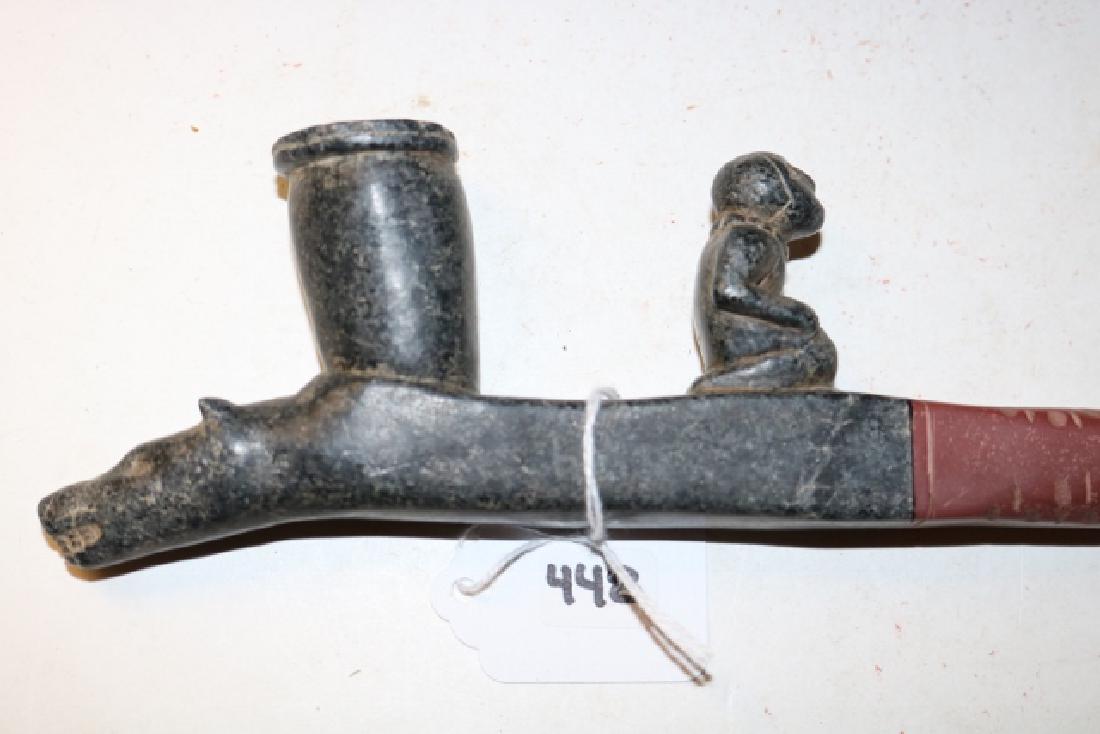 Cherokee Human Effigy: Cherokee Human Effigy Â– Wolf head effigy pipe, Don May Coll. Ill., purchased from family made out of steatite, Catlinite, Serpentine - 12 ½Â”