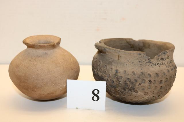 2 Pots: 2 Pots – Punctated Caddo Jar, Mound near Parkin, Cross Co. Ark. & Southwest Jar – both have rim damage