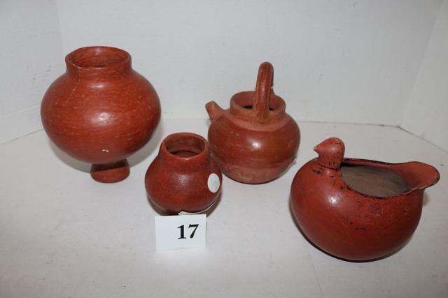 4 Pieces of Redware Pottery: 4 Pieces of Redware Pottery – (bird, teapot) some pieces cracks & chips