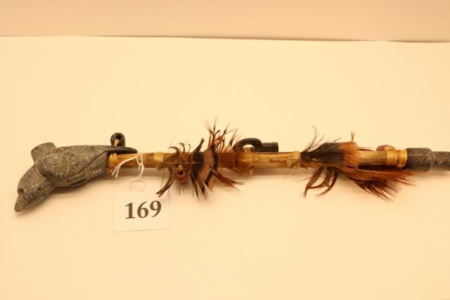 Creek Indian Tourist Trade Pipe and Stem: Creek Indian Tourist Trade Pipe and Stem – 16” Long Over all – Decorated with Turkey Feather and various Stone Fetishes