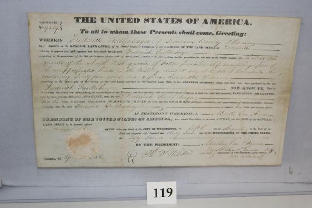 Martin Van Buren, Land Grant: Martin Van Buren, Aug. 15, 1837 Tuscarawas County, Ohio signed Land Grant, 10" x 16" folded as issued