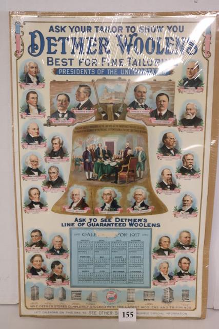 Wilson-Hughes 1916 Detmer Woolens: Wilson-Hughes 1916 Detmer Woolens - Presidents Advertising Calendar 20 ½" x 33" - Beautiful color graphics - Notation under Charles E. Hughes - Republican nominee for president at time of going t