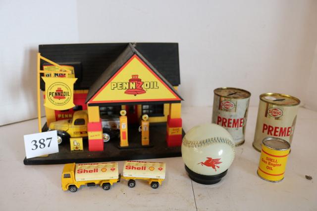 Box Lot with 6 Items: Box Lot with 6 Items, All in Fair Condition, Gas Station is plastic