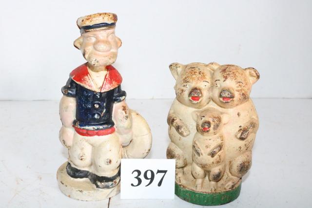2 Still Bank Lot, Popeye: 2 Still Bank Lot, Popeye age is uncertain, 7" Tall, Pigs are in good condition, 5" Tall