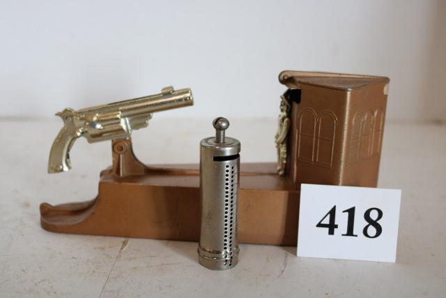 2 Banks, Mechanical Gun Bank: 2 Banks, Mechanical Gun Bank is 4" Tall, Smaller Coin Holder is 3" Tall