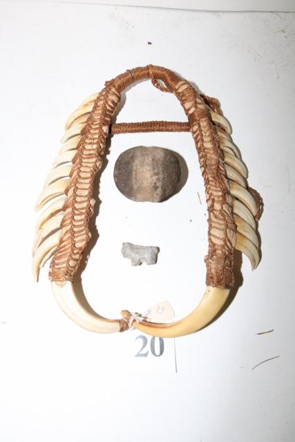 Neckace, Fetish, Full Groove Axe-NO SHIPPING OUT OF COU: Wart Hog Tooth Necklace, Stone Fetish, Small Full Groove Axe - 8 ½” – will not ship out of country