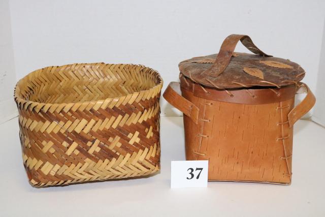 2 Indian Baskets: 2 Indian Baskets – One is Lidded Birch Bark Basket (6” tall) (one handle broken