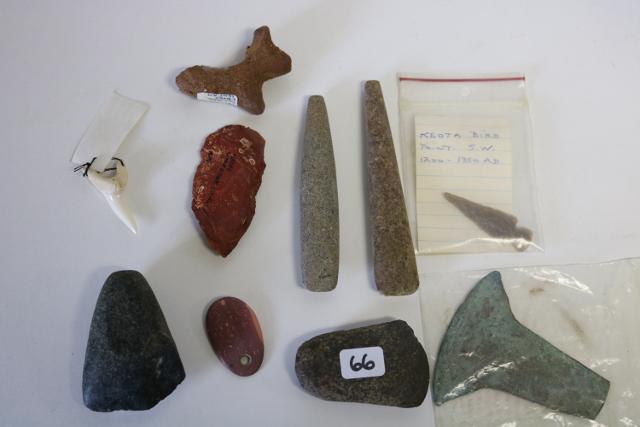 Celts, Animal Tooth, Bird Point-NO SHIPPING OUT OF COUN: Grouping of Celts, animal tooth, Keoto Bird Point, copper axe, will not ship out of country