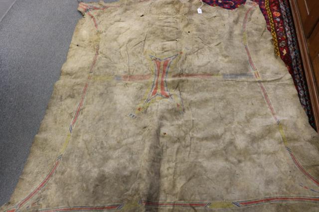 Painted Bison Robe- NO SHIPPING OUR OT COUNTRY: Important Early Mid-1800’s Painted Bison Robe, Central Plains Area, possibly Arapaho, exhibiting The Classic “Hour Glass” and border design with red, blue, yellow and white (Buffalo Hide Sizing)