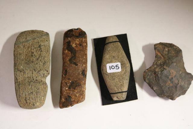 4 Pcs. Scraper, Axe Head, & more-NO SHIPPING OUT OF COU: 4 Pcs.: Large Scraper, American Camel Rib Section (Extinct Camel) Lee Co. Florida, ¾ Groove Axe Head, Gorget Undrilled Expanded Center Adena Sandstone, Licking Co. Ohio (Nice) – will not ship out o