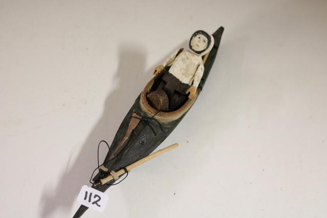 Hand Carved Wood Model Kayak: Model Kayak equipped with rifle, spears, hooks and a basket, Eskimo, all hand carved wood