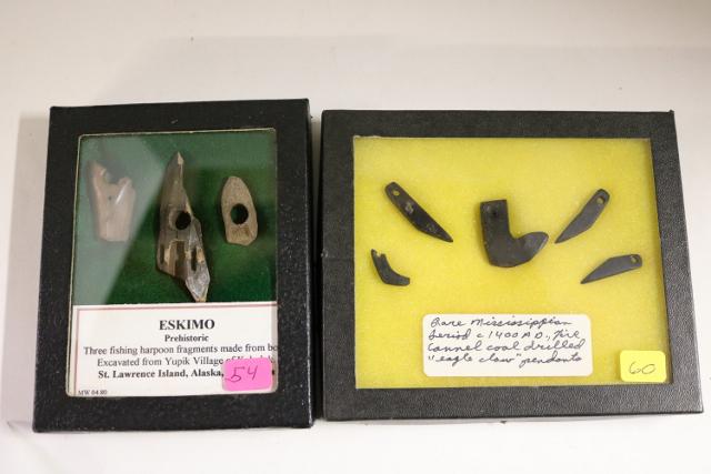 Harpoon Fragments 3 Bone: Harpoon Fragments (3) Bone, Eskimo Yupick Village Site, St. Lawrence Island, Alaska, Bering Sea Prehistoric & Cannel Coal Claw Effigy Drill Pendants (5) Mississippian Period circa 1400 AD Fort Ancient