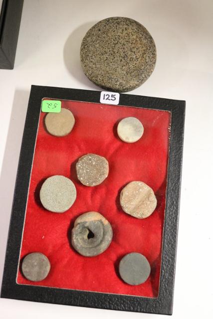 Discoidal & Frame of Stone Disks: Discoidal Double Dished, (chipped edge) Ducktown Polk Co. Tn. & Frame of Stone Gaming Disks, Mississippian, circa 1200 AD Tenn.