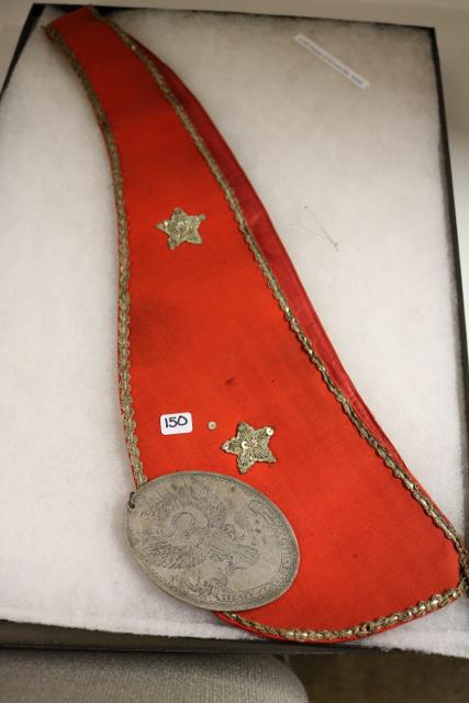 Treaty of Greenville Medal: 4” x 3” Treaty of Greenville Medal – silver engraved – Eagle Front & Reverse – August 5th 1795 – mounted on fancy embroidered cloth lodge collar